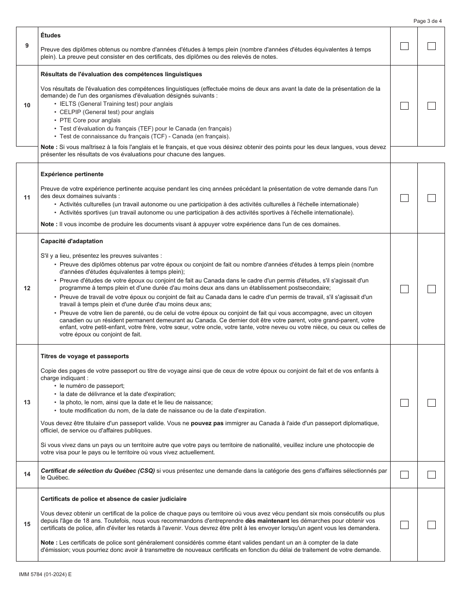 Forme IMM5784 Liste De Controle DES Documents - Residence Permanente - Programme Federal DES Travailleurs Autonomes Selectionnes Par Le Quebec Et Travailleurs Autonomes Federaux - Canada (French), Page 3