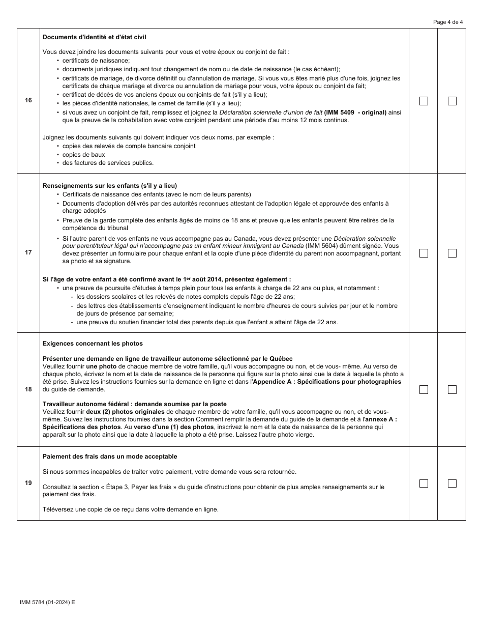 Forme IMM5784 Liste De Controle DES Documents - Residence Permanente - Programme Federal DES Travailleurs Autonomes Selectionnes Par Le Quebec Et Travailleurs Autonomes Federaux - Canada (French), Page 4