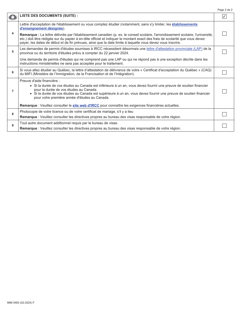 Forme IMM5483 Liste De Controle DES Documents: Permis Detudes - Canada (French), Page 2