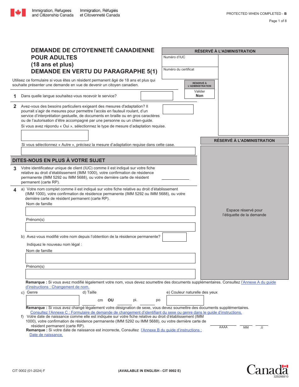 Forme CIT0002 Demande De Citoyennete Canadienne Pour Adultes (18 Ans Et Plus) Demande En Vertu Du Paragraphe 5(1) - Canada (French), Page 1