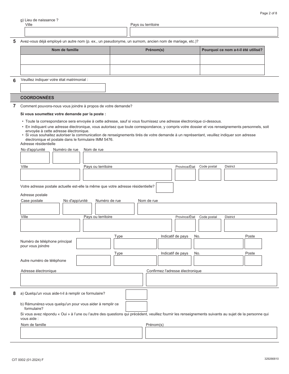 Forme CIT0002 Demande De Citoyennete Canadienne Pour Adultes (18 Ans Et Plus) Demande En Vertu Du Paragraphe 5(1) - Canada (French), Page 2