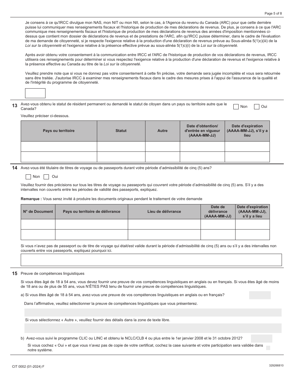 Forme CIT0002 Demande De Citoyennete Canadienne Pour Adultes (18 Ans Et Plus) Demande En Vertu Du Paragraphe 5(1) - Canada (French), Page 5