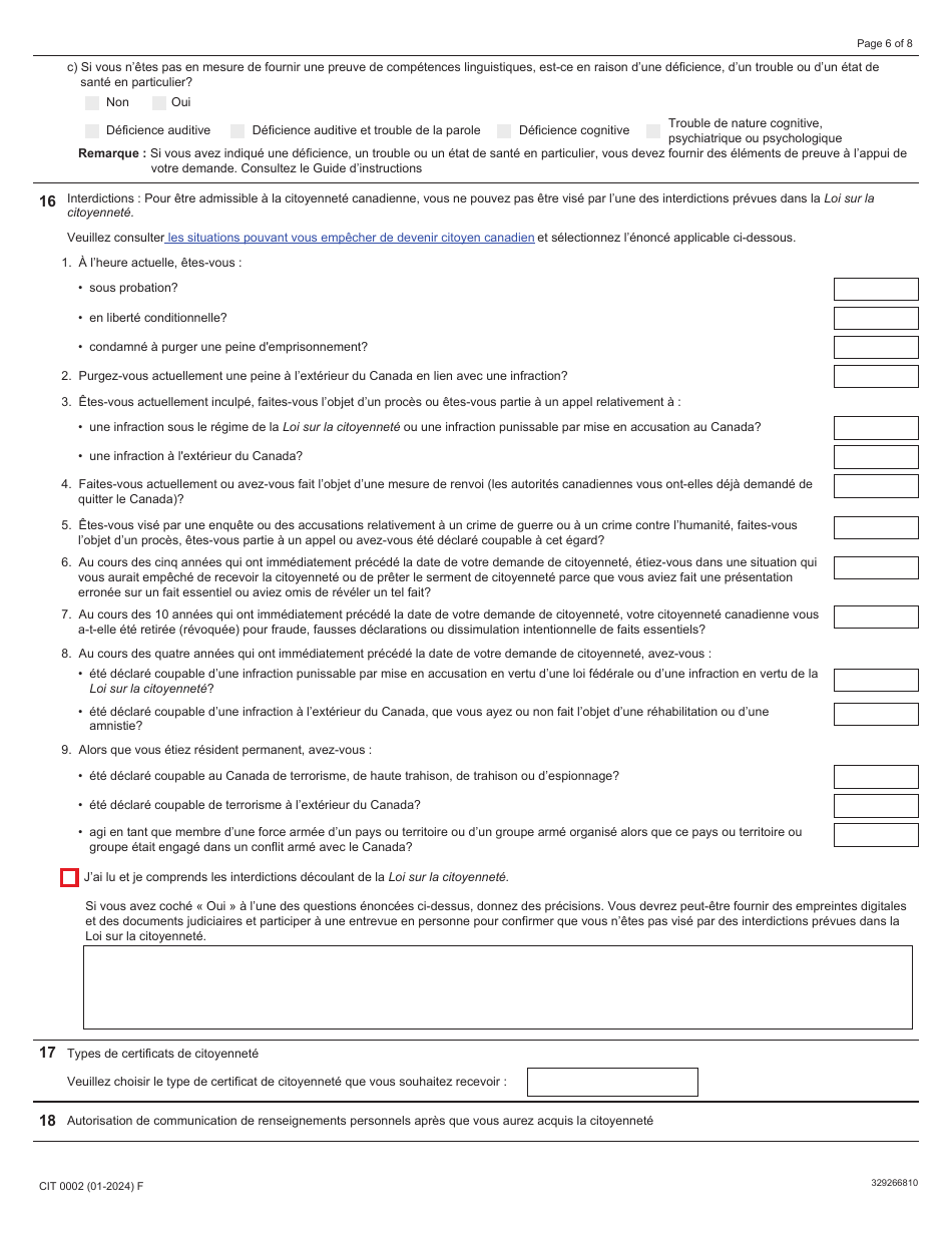 Forme CIT0002 Demande De Citoyennete Canadienne Pour Adultes (18 Ans Et Plus) Demande En Vertu Du Paragraphe 5(1) - Canada (French), Page 6