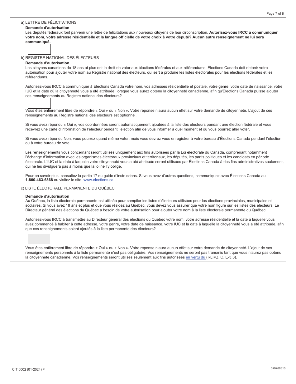 Forme CIT0002 Demande De Citoyennete Canadienne Pour Adultes (18 Ans Et Plus) Demande En Vertu Du Paragraphe 5(1) - Canada (French), Page 7