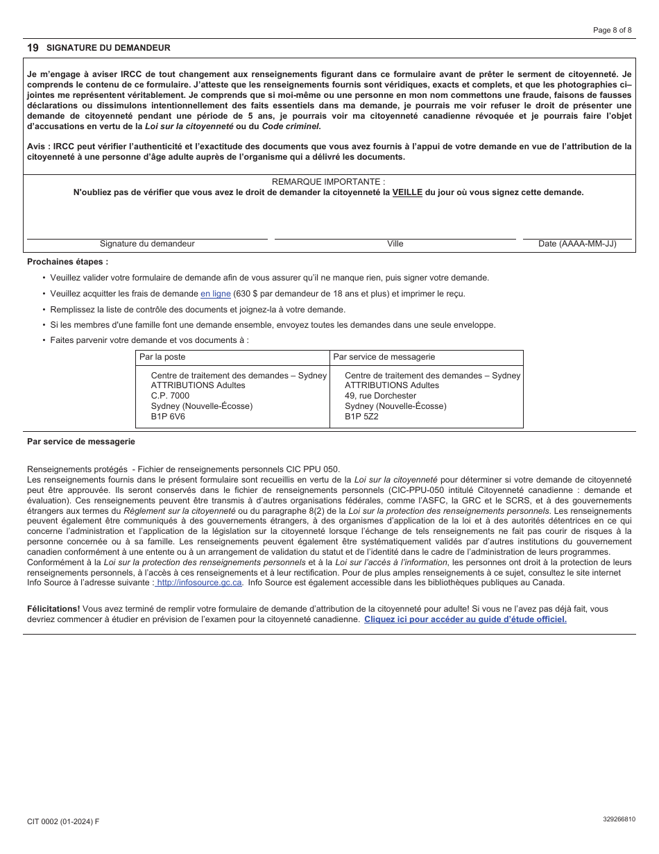 Forme CIT0002 Demande De Citoyennete Canadienne Pour Adultes (18 Ans Et Plus) Demande En Vertu Du Paragraphe 5(1) - Canada (French), Page 8