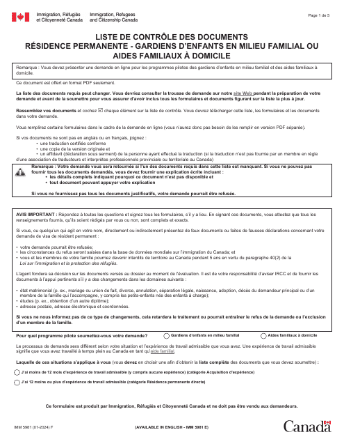 Forme IMM5981 Liste De Controle DES Documents - Residence Permanente - Gardiens D'enfants En Milieu Familial Ou Aides Familiaux a Domicile - Canada (French)