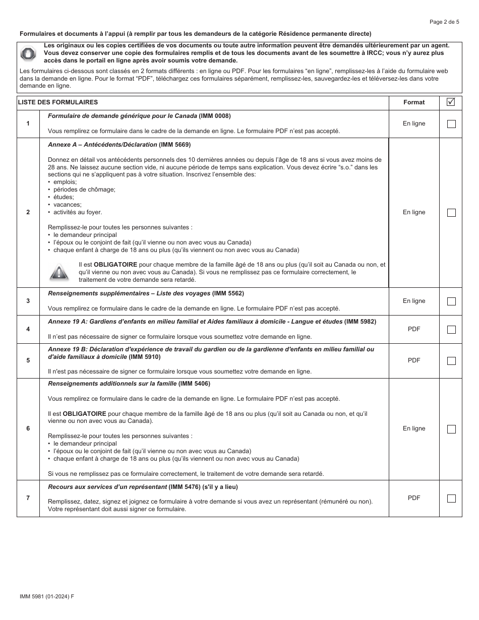 Forme IMM5981 Liste De Controle DES Documents - Residence Permanente - Gardiens Denfants En Milieu Familial Ou Aides Familiaux a Domicile - Canada (French), Page 2