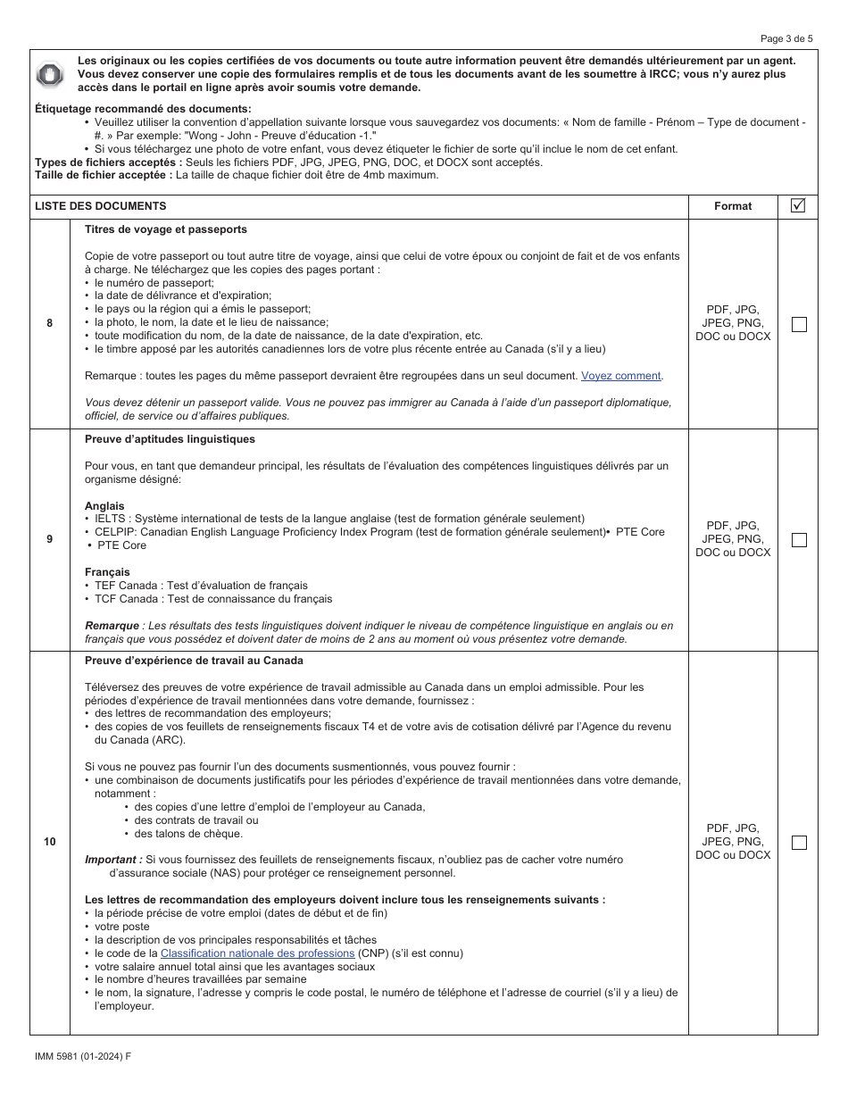 Forme IMM5981 Liste De Controle DES Documents - Residence Permanente - Gardiens Denfants En Milieu Familial Ou Aides Familiaux a Domicile - Canada (French), Page 3