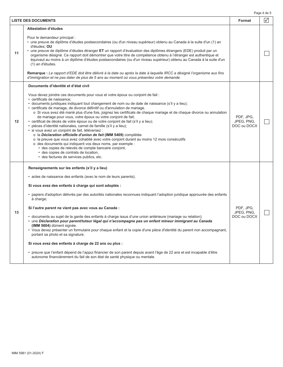 Forme IMM5981 Liste De Controle DES Documents - Residence Permanente - Gardiens Denfants En Milieu Familial Ou Aides Familiaux a Domicile - Canada (French), Page 4