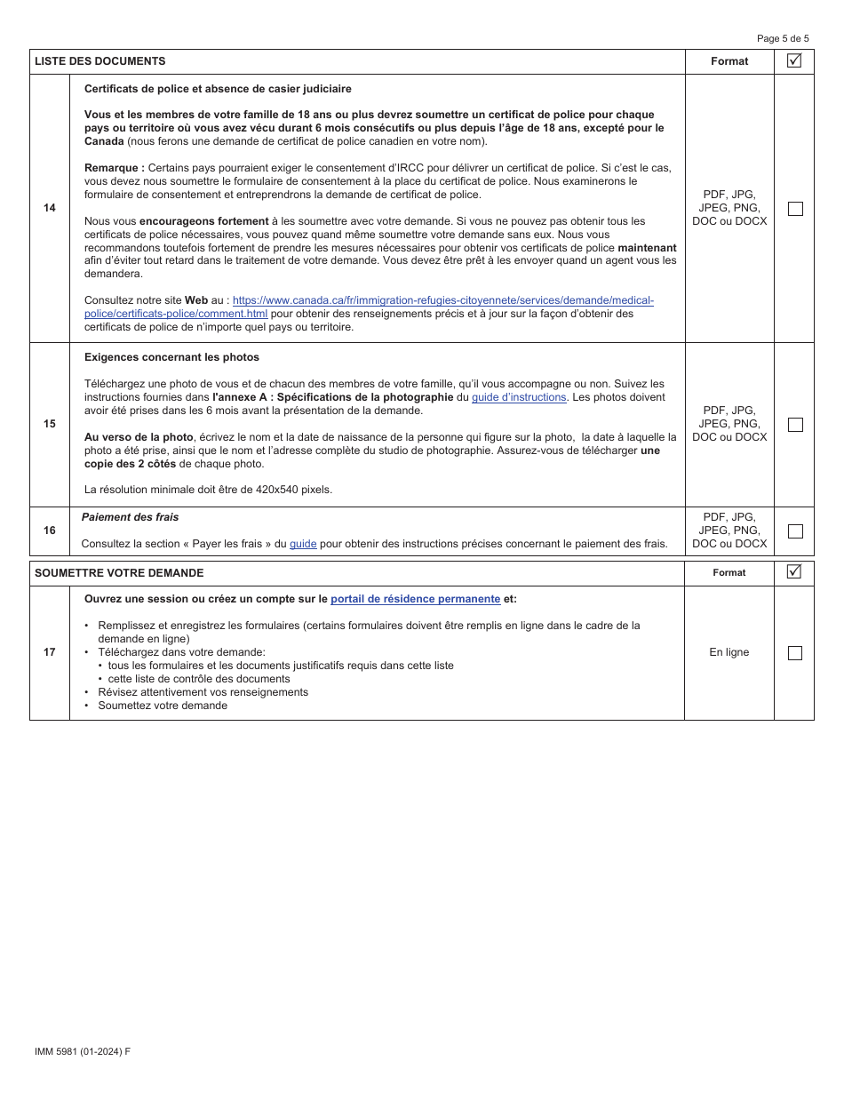 Forme IMM5981 Liste De Controle DES Documents - Residence Permanente - Gardiens Denfants En Milieu Familial Ou Aides Familiaux a Domicile - Canada (French), Page 5