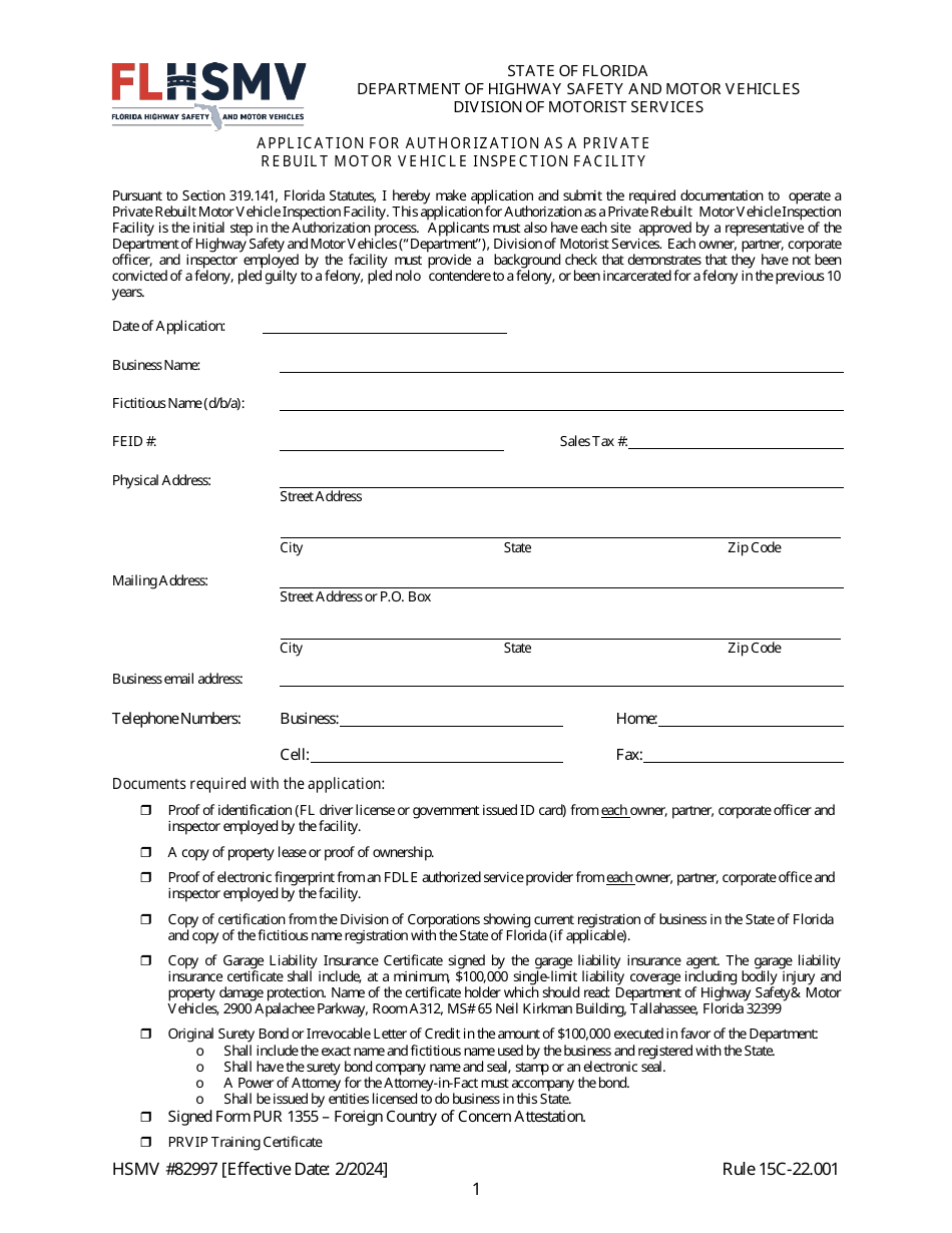 Form HSMV82997 Application for Authorization as a Private Rebuilt Motor Vehicle Inspection Facility - Florida, Page 1