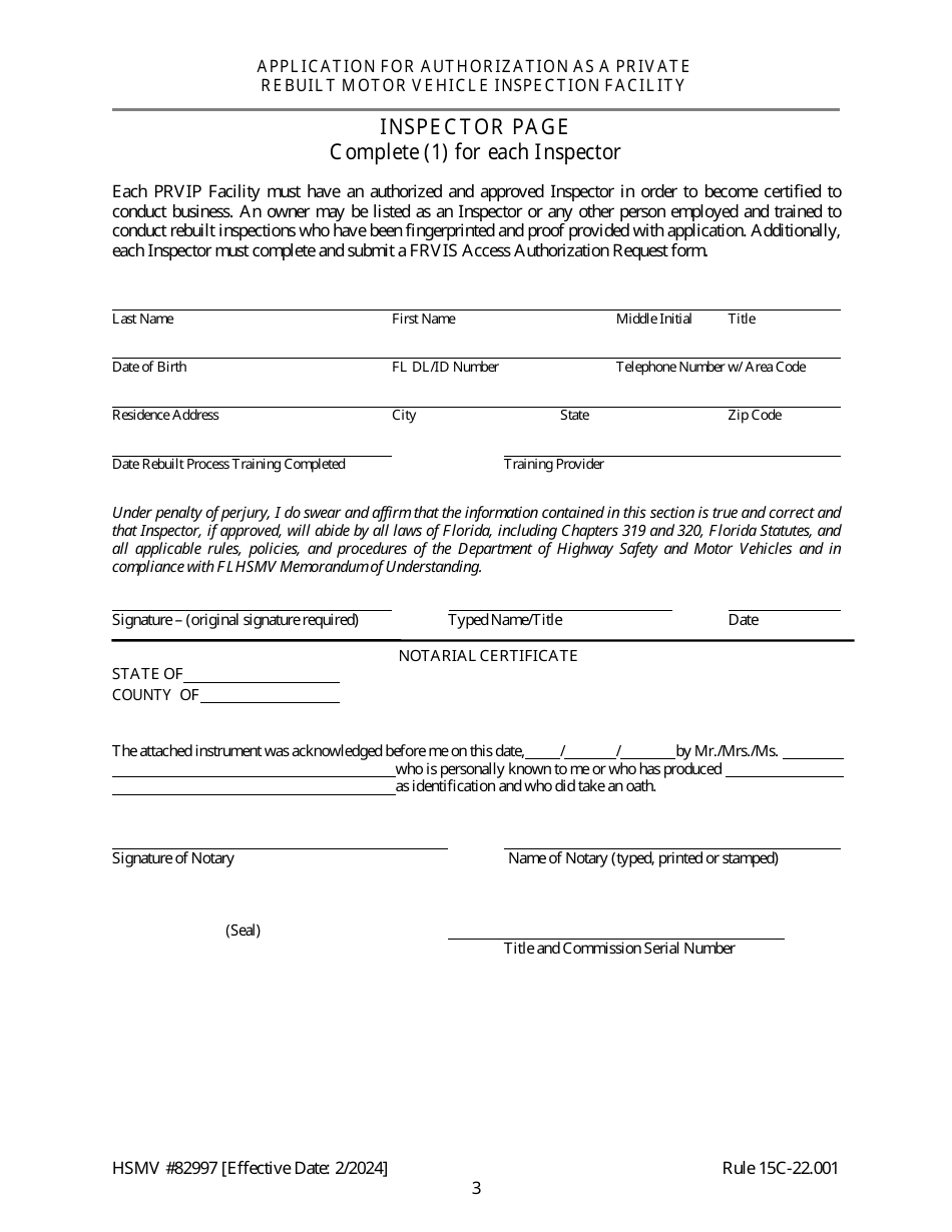 Form HSMV82997 Application for Authorization as a Private Rebuilt Motor Vehicle Inspection Facility - Florida, Page 3