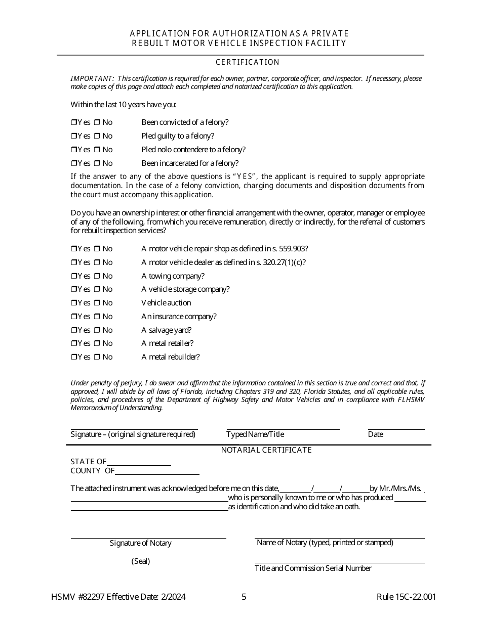 Form HSMV82997 Application for Authorization as a Private Rebuilt Motor Vehicle Inspection Facility - Florida, Page 5