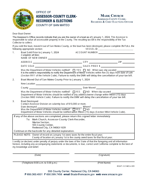 Form BOAT-12 (SMCA-339) Boat Ownership and Location Change Form - County of San Mateo, California, 2024