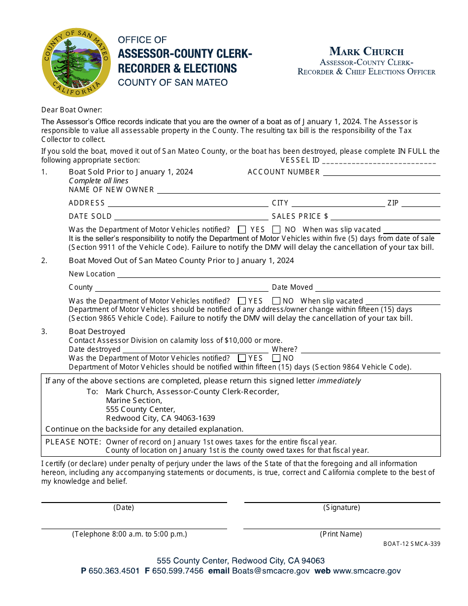 Form BOAT-12 (SMCA-339) Boat Ownership and Location Change Form - County of San Mateo, California, Page 1