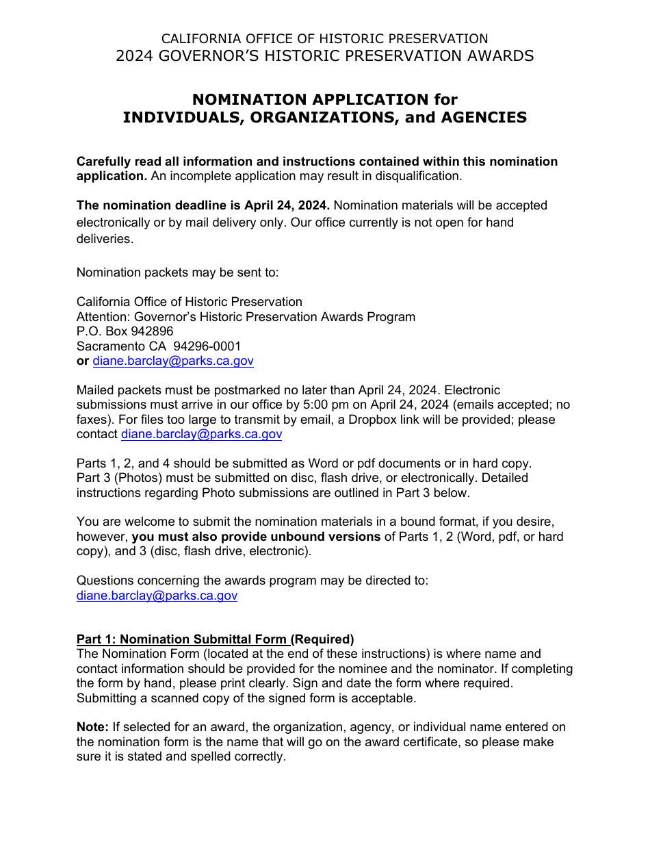 Nomination Application for Individuals, Organizations, and Agencies - Governors Historic Preservation Awards Program - California, Page 1
