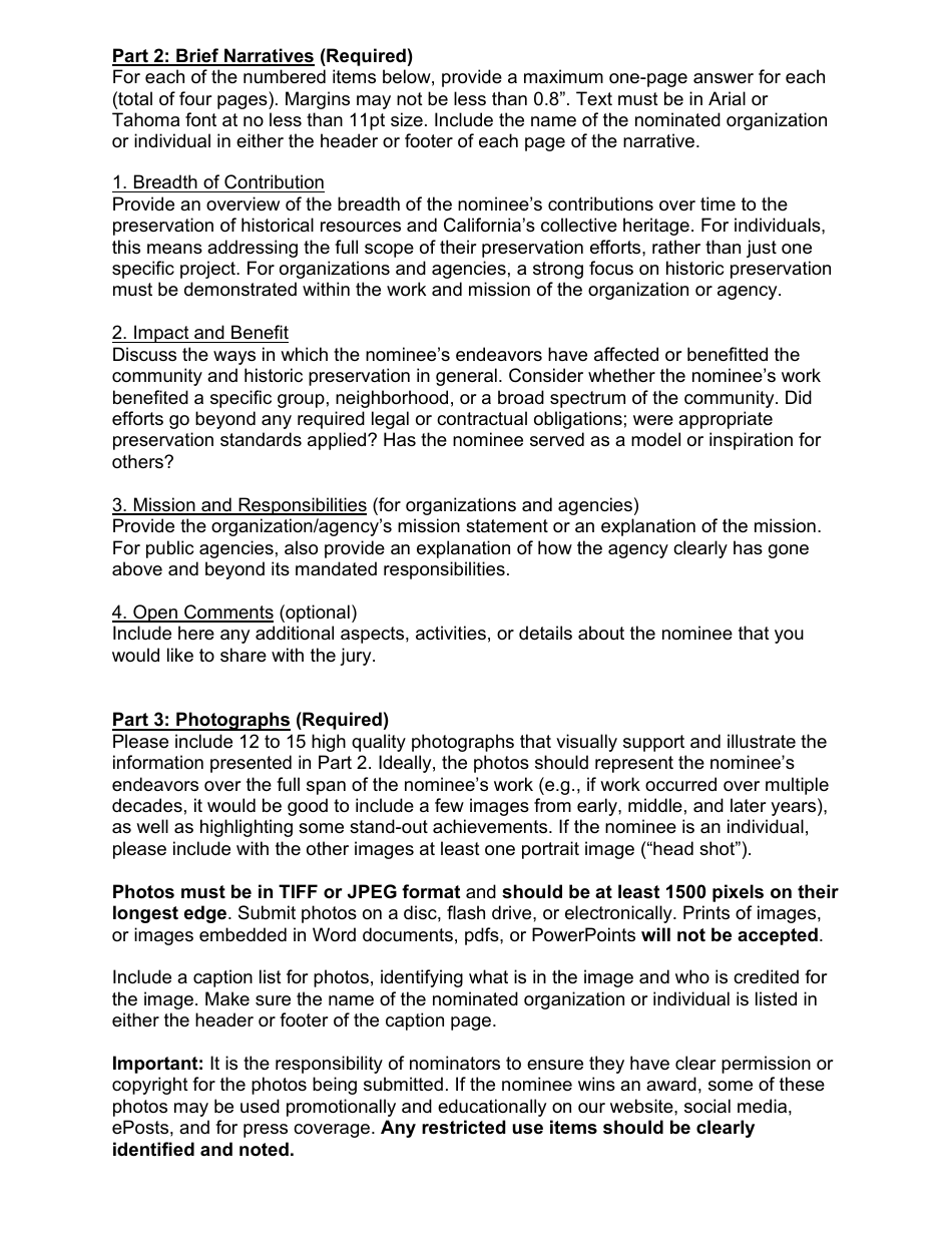 Nomination Application for Individuals, Organizations, and Agencies - Governors Historic Preservation Awards Program - California, Page 2