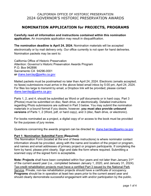 Nomination Form for Projects and Programs - Governor's Historic Preservation Awards Program - California Download Pdf