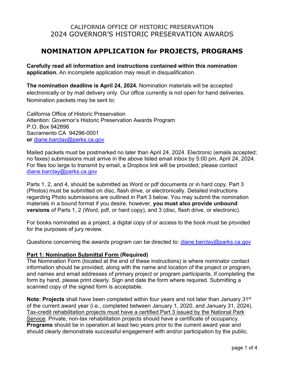 Nomination Form for Projects and Programs - Governors Historic Preservation Awards Program - California, Page 1