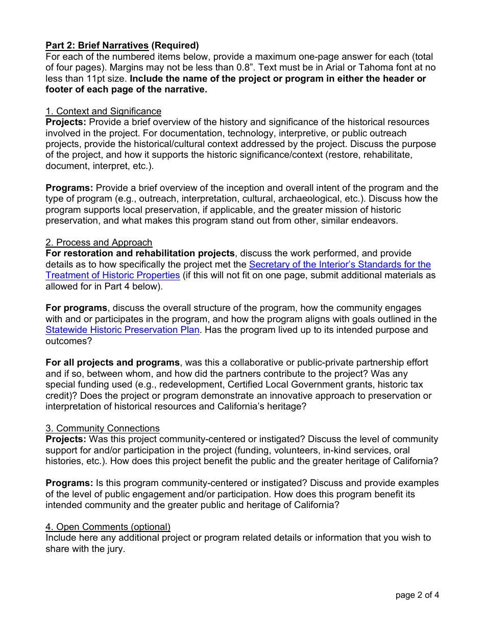 Nomination Form for Projects and Programs - Governors Historic Preservation Awards Program - California, Page 2