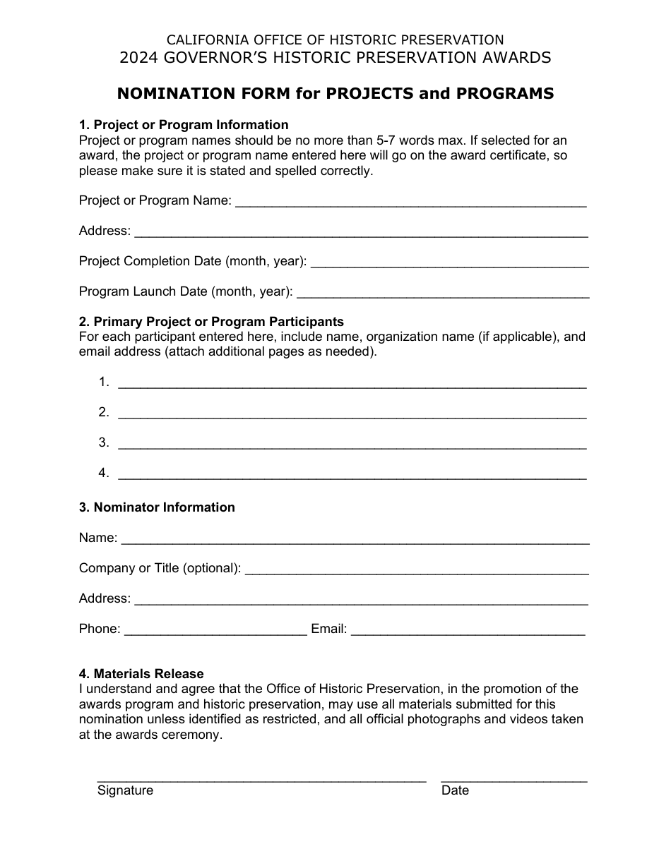 Nomination Form for Projects and Programs - Governors Historic Preservation Awards Program - California, Page 4