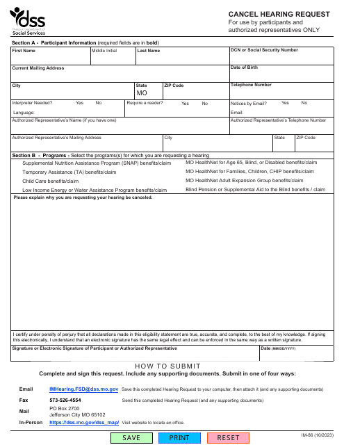 Form IM-86 Cancel Hearing Request - Missouri