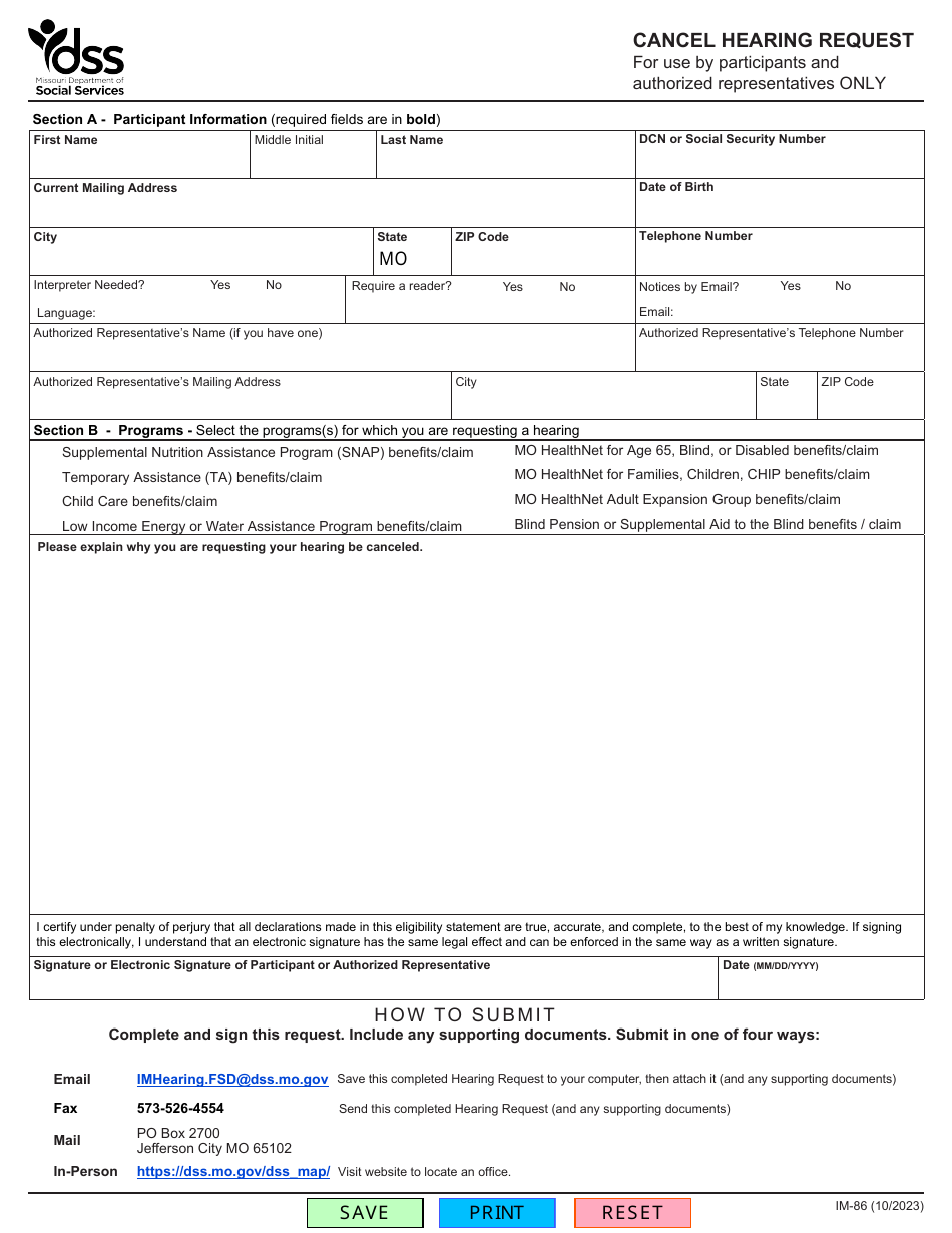 Form IM-86 Cancel Hearing Request - Missouri, Page 1