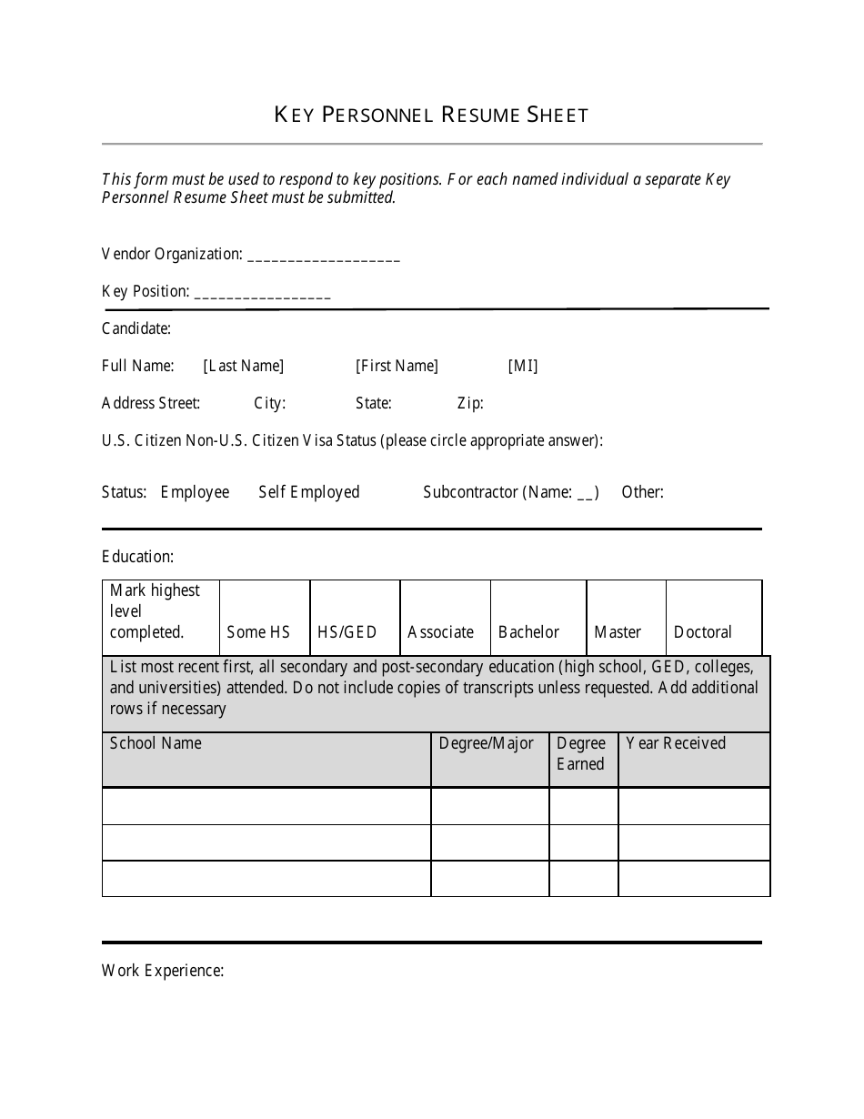 Key Personnel Resume Sheet - Alabama, Page 1
