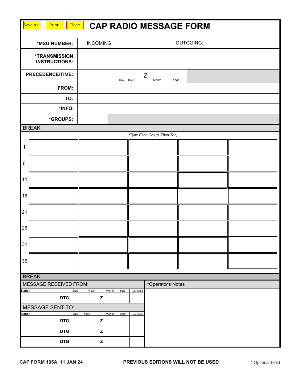 CAP Form 105A CAP Radio Message Form, Page 1