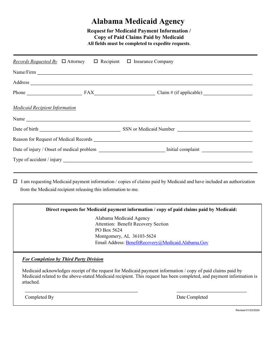 Request for Medicaid Payment Information / Copy of Paid Claims Paid by Medicaid - Alabama, Page 1