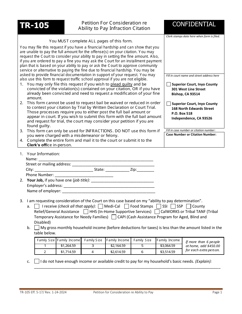 Form TR-105 Petition for Consideration Re Ability to Pay Infraction Citation - County of Inyo, California, Page 1