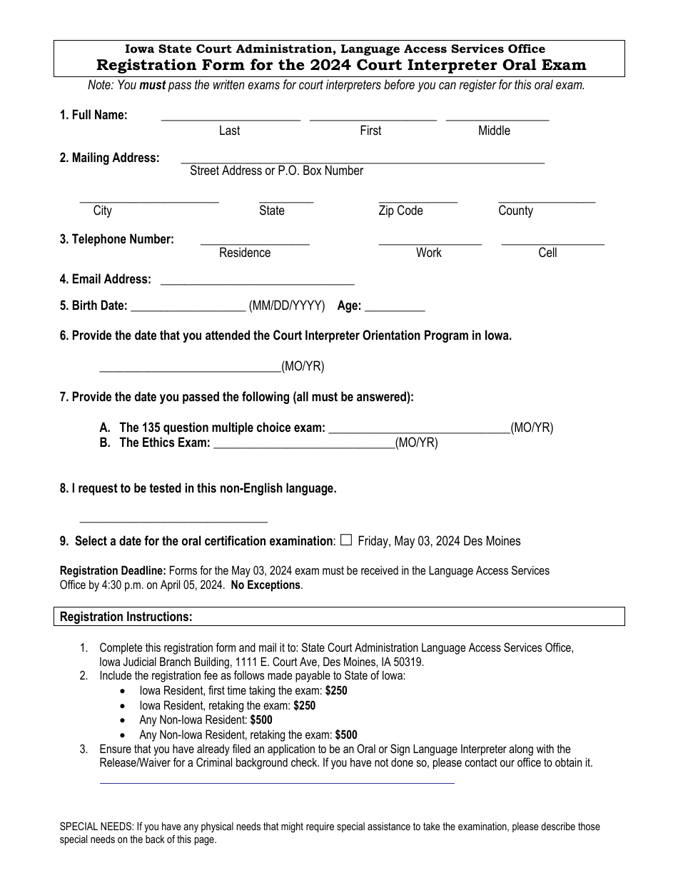 Registration Form for the Court Interpreter Oral Exam - Iowa, Page 1