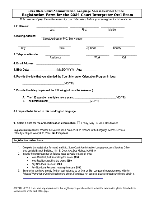 Registration Form for the Court Interpreter Oral Exam - Iowa, 2024