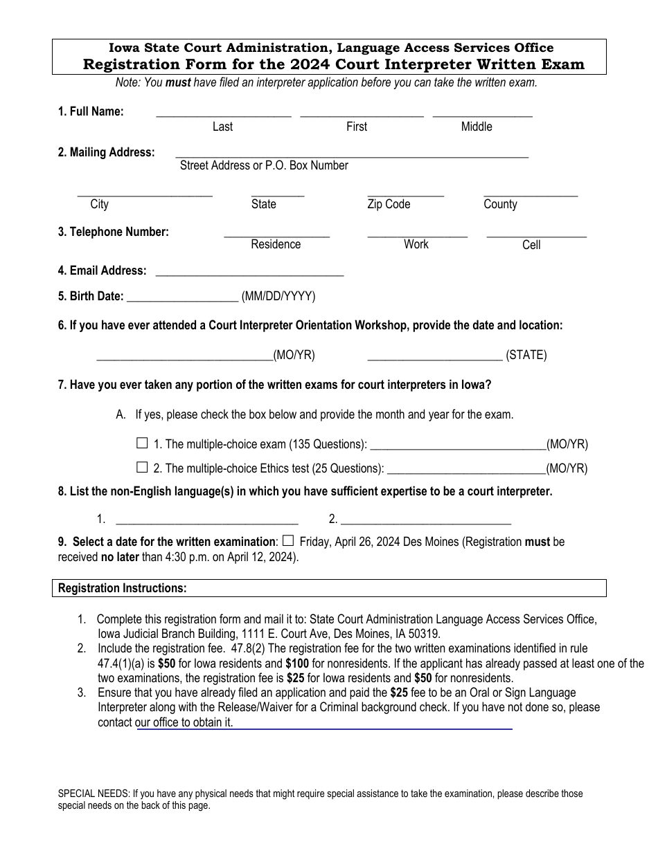 Registration Form for the Court Interpreter Written Exam - Iowa, Page 1