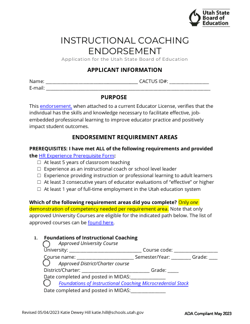 Instructional Coaching Endorsement Application - Utah