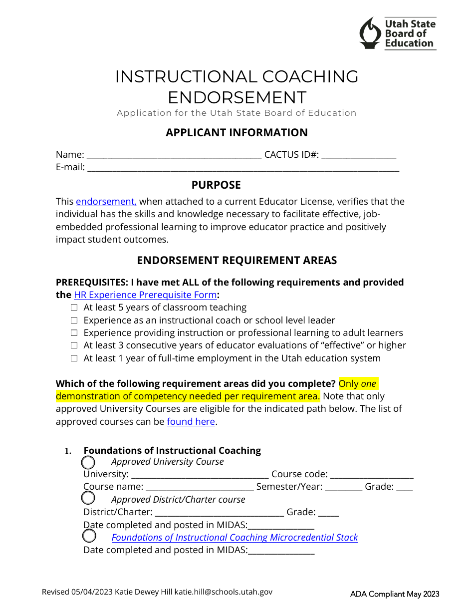 Instructional Coaching Endorsement Application - Utah, Page 1