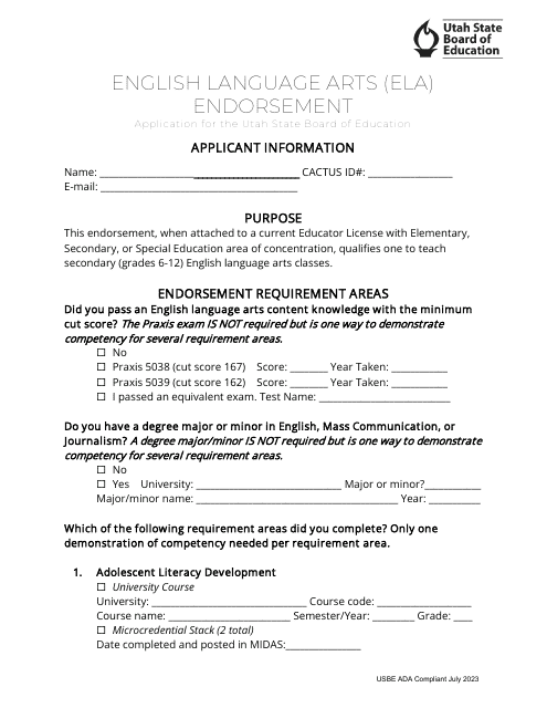English Language Arts (ELA) Endorsement Application - Utah