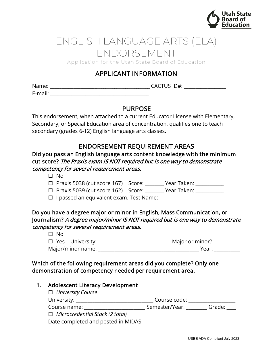 English Language Arts (ELA) Endorsement Application - Utah, Page 1