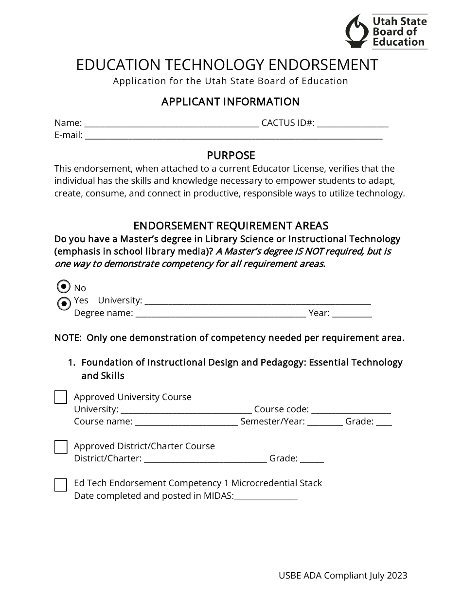 Education Technology Endorsement Application - Utah, Page 1