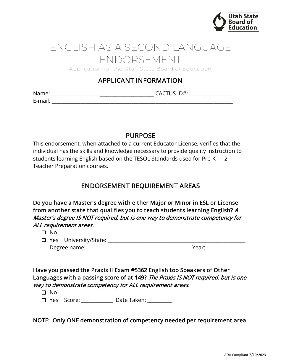 English as a Second Language Endorsement Application - Utah, Page 1