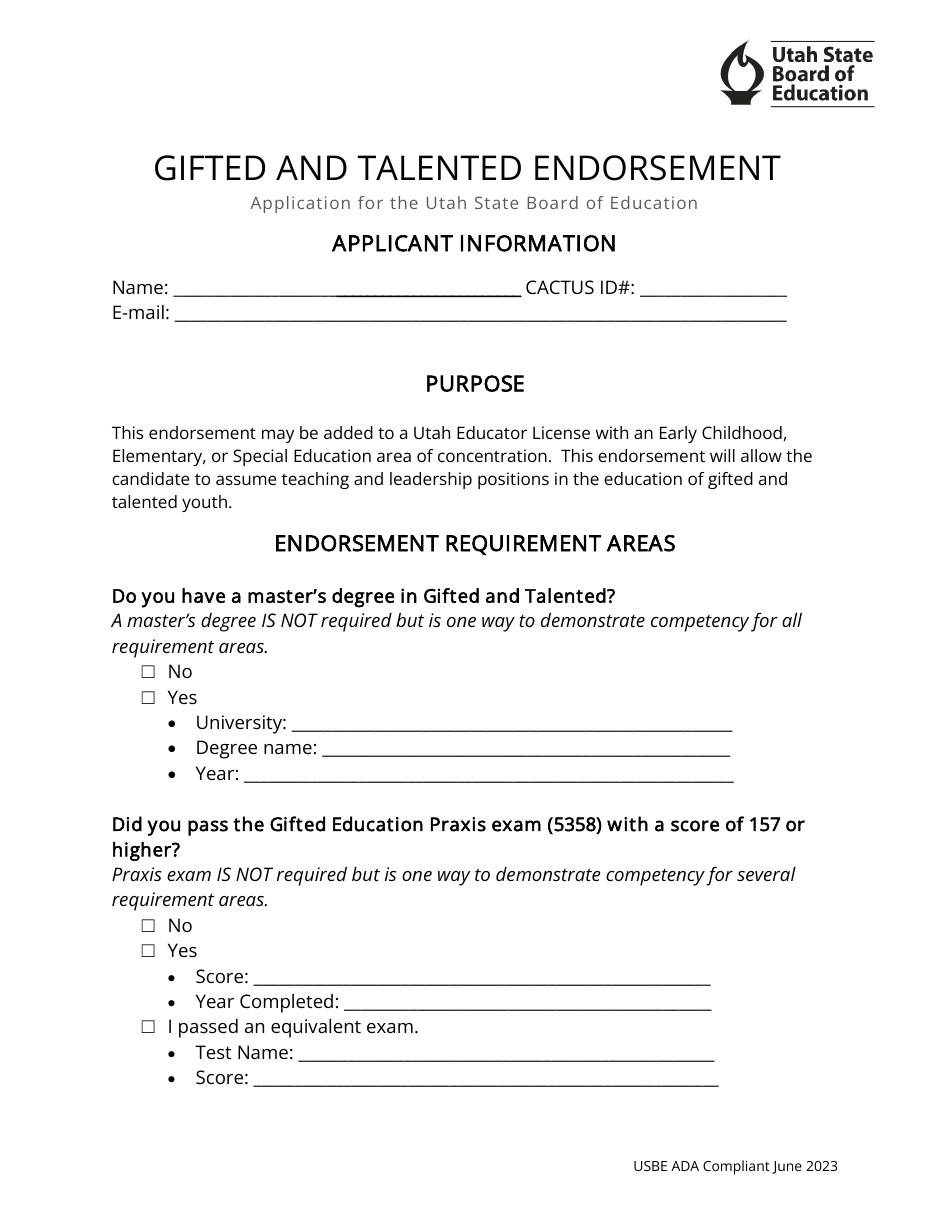 Utah Gifted and Talented Endorsement Application - Fill Out, Sign ...