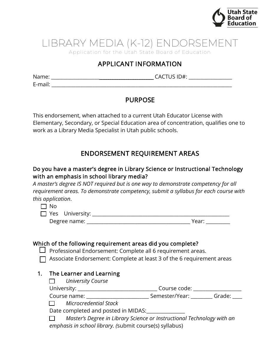 Library Media (K-12) Endorsement Application - Utah, Page 1