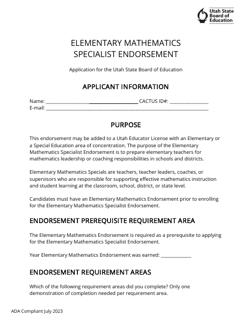 Elementary Mathematics Specialist Endorsement Application - Utah Download Pdf