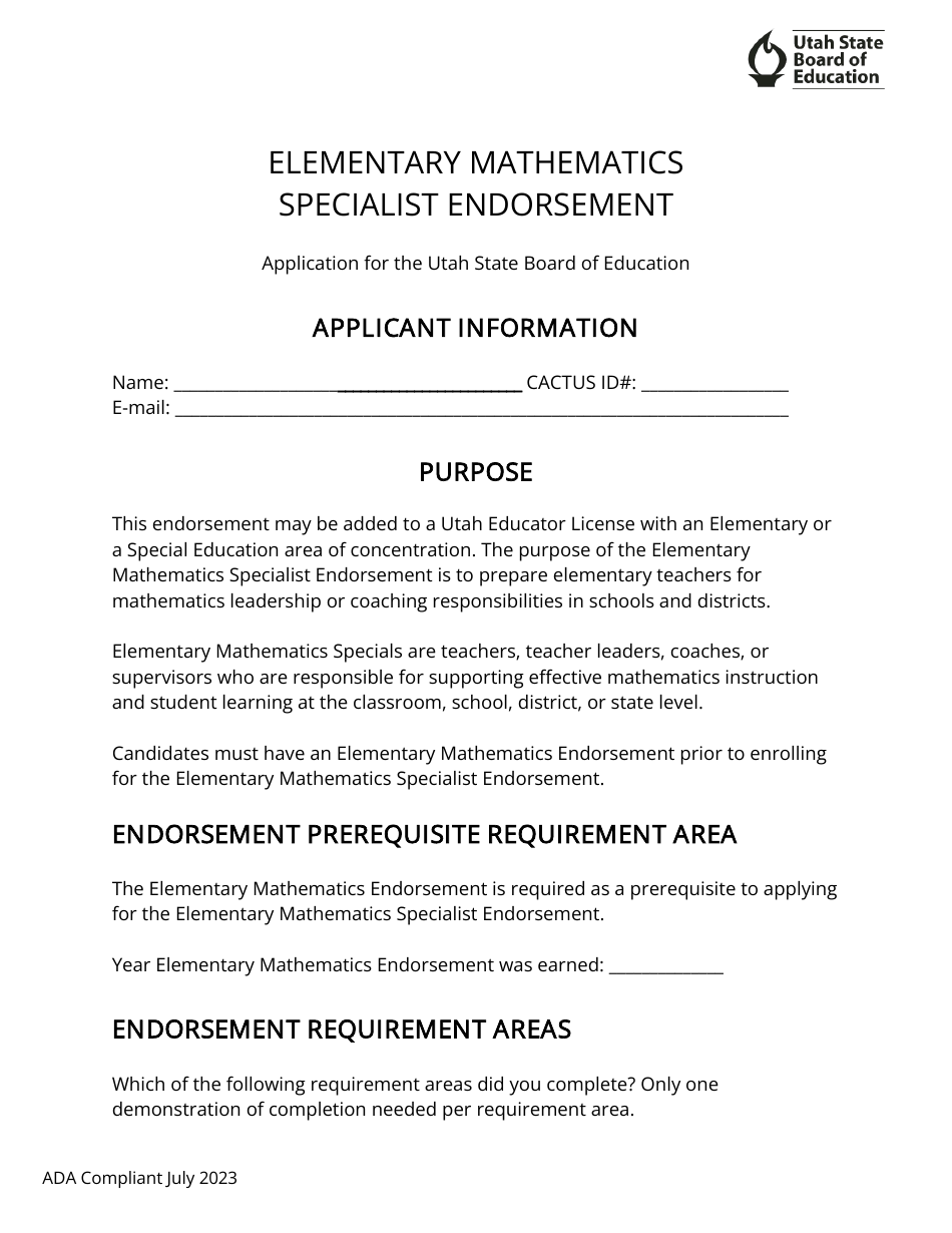 Elementary Mathematics Specialist Endorsement Application - Utah, Page 1