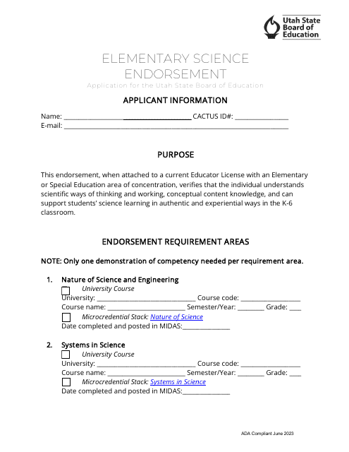Elementary Science Endorsement Application - Utah