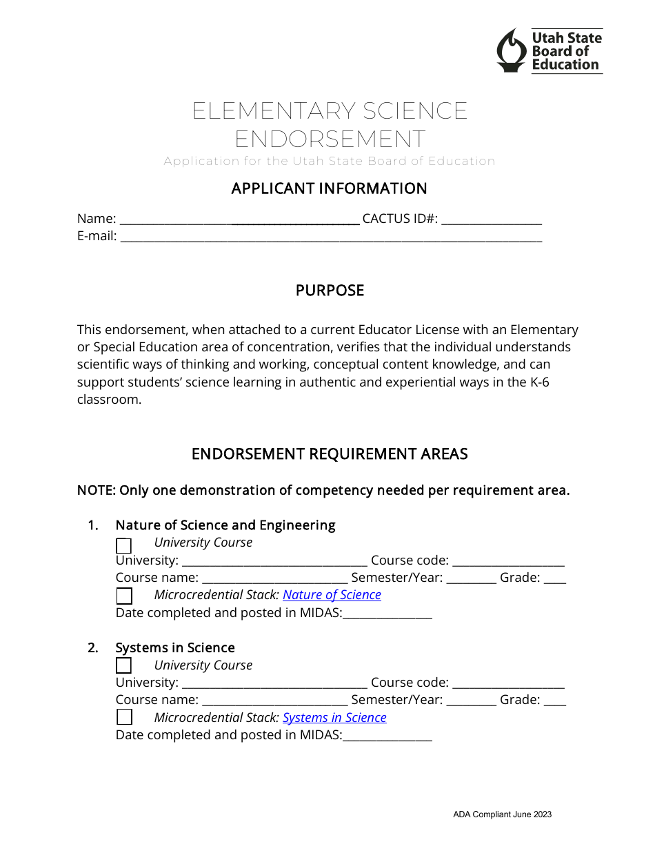 Elementary Science Endorsement Application - Utah, Page 1