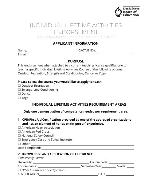 Individual Lifetime Activities Endorsement Application - Utah