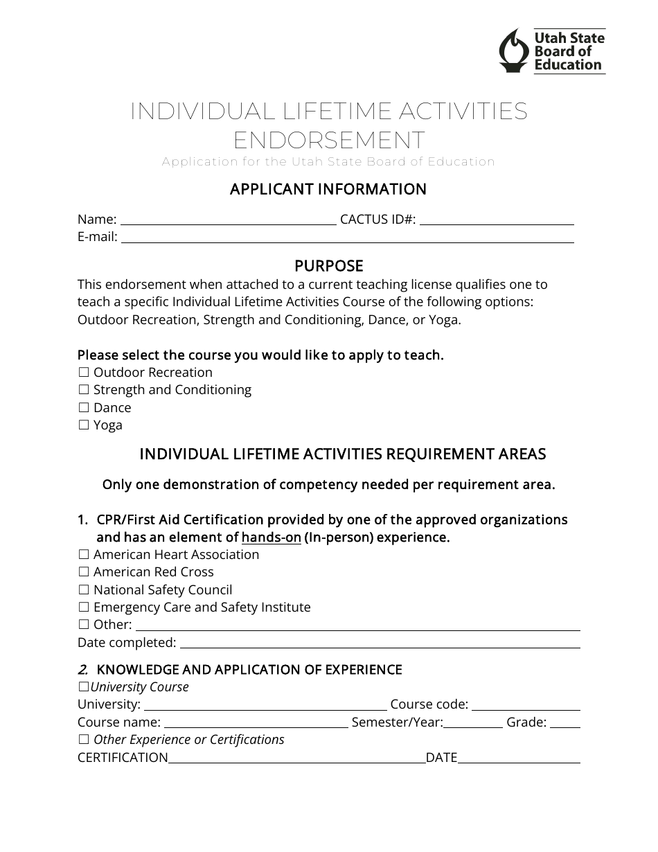 Individual Lifetime Activities Endorsement Application - Utah, Page 1