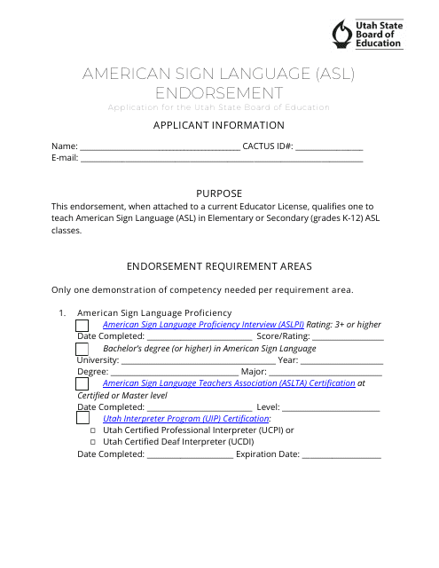 American Sign Language (Asl) Endorsement Application - Utah