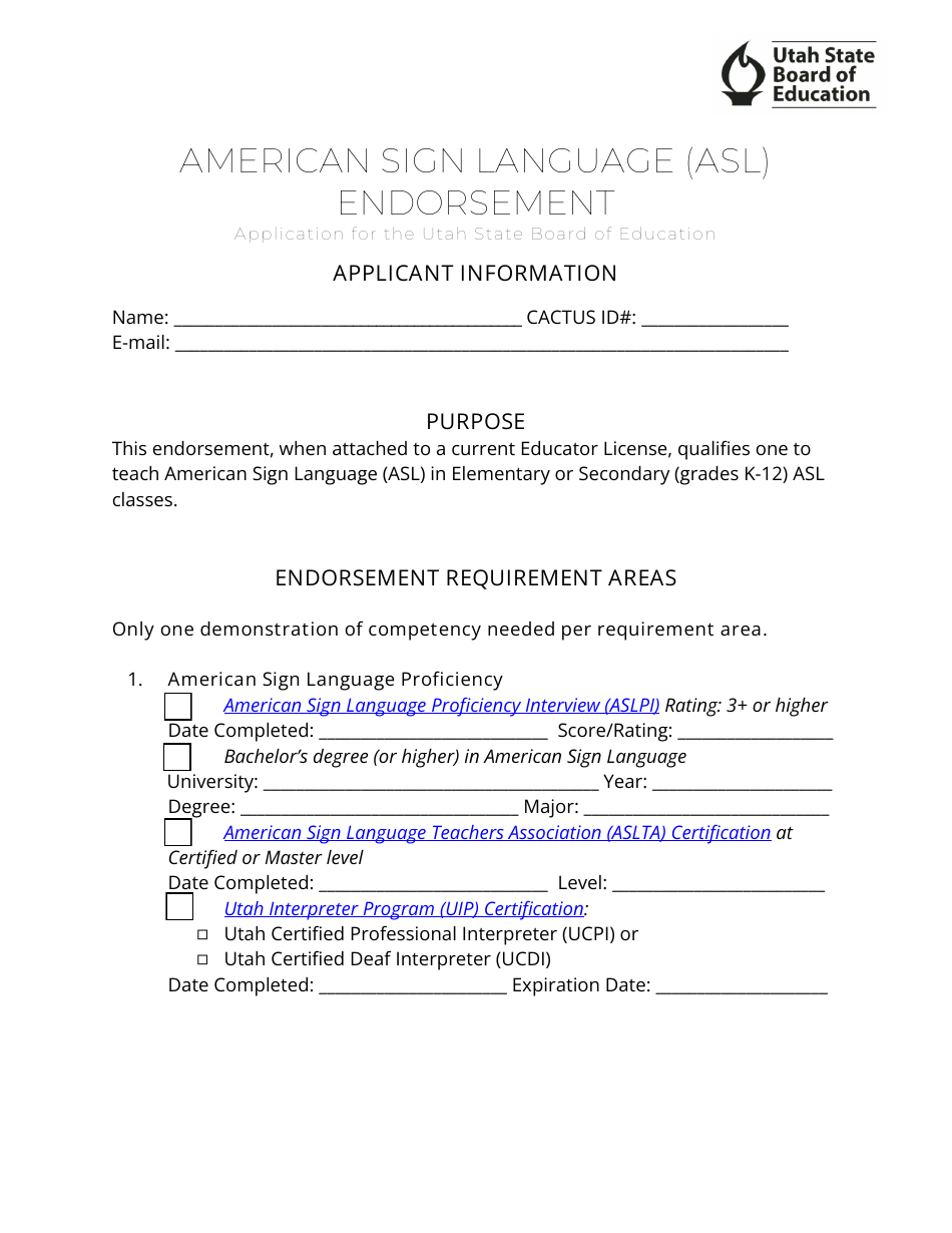 American Sign Language (Asl) Endorsement Application - Utah, Page 1